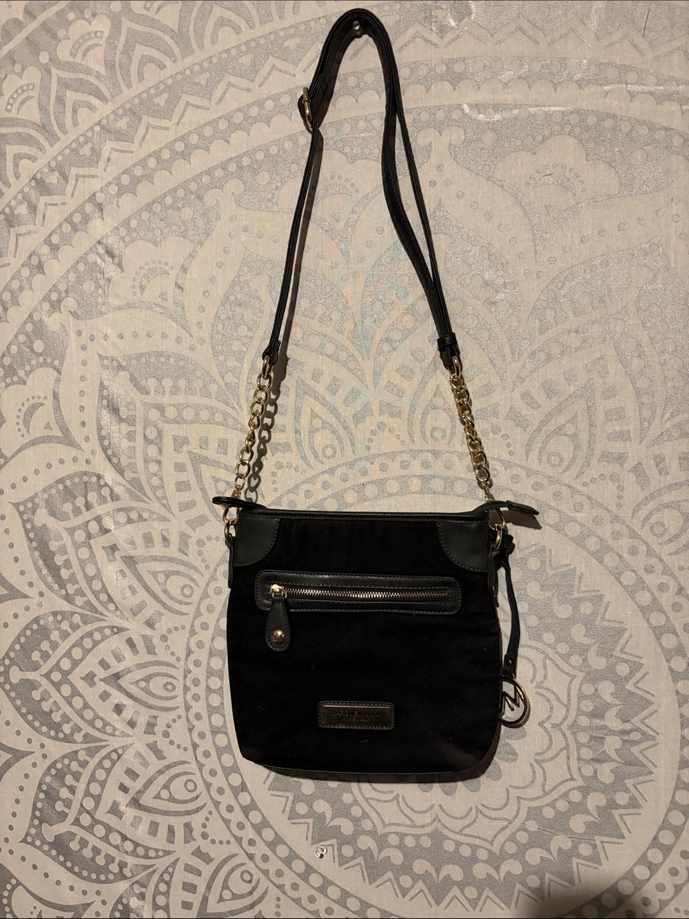 Marc New York Andrew Marc Black Faux Suede & Leather Crossbody Bag Gold Chain